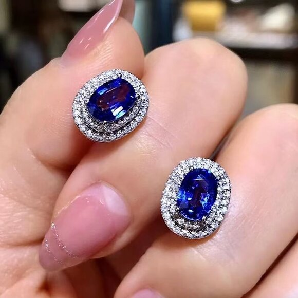 NEW 18k White Gold Blue Sapphire Diamond Earrings Oval Earrings - Picture 1 of 4